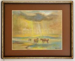 Egry jelzéssel: Tehenek a vízparton. Pasztell, papír, üvegezett keretben, 29×37 cm