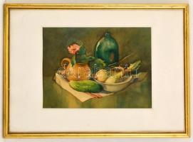 Jelzés nélkül: Asztali csendélet. Akvarell, papír, üvegezett keretben, 23×31 cm