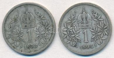 Ausztria 1893-1894. 1K Ag "Ferenc József" (2xklf) T:2-,3 Austria 1893-1894. 1 Corona Ag &q...