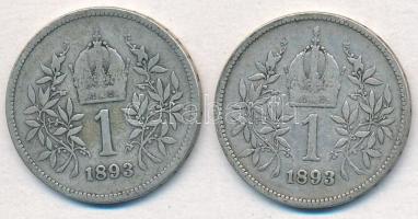 Ausztria 1893. 1K Ag "Ferenc József" (2x) T:2-,3 Austria 1893. 1 Corona Ag "Franz Jos...