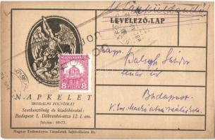 1930 Napkelet irodalmi folyóirat reklámlapja. Szerkesztőség és kiadóhivatal: Budapest I. Döbrentei utca 12. / Hungarian literary journal advertisement card (kis szakadás / small tear)