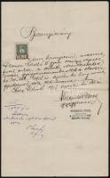 1908 Szolnok, Alexander János Vörös Kereszthez gyógyszertárának bizonyítványa gyakornok részére, 1 db 1 K okmánybélyeggel, pecsétekkel, Alexander János aláírásával.