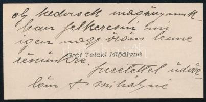 cca 1920-1940 Gróf Teleki Mihályné Szirmay Paulina (1899-1980) névjegykártyája, saját kezű soraival, aláírásával
