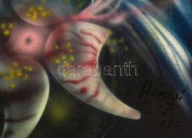 Herpai Zoltán (1951-2011): Kék holdas nő. Olaj, falemez, jelzett, hibás keretben, 56×36 cm