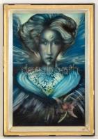 Herpai Zoltán (1951-2011): Kék holdas nő. Olaj, falemez, jelzett, hibás keretben, 56×36 cm