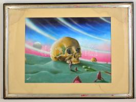 Gadó János (?-): Memento Mori. Olaj-tempera, karton, jelzett, üvegezett keretben, 40×50 cm