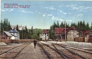 Tátralomnic, Tatranská Lomnica (Tátra, Magas Tátra, Vysoké Tatry); villamos vasúti állomás, vasútállomás, Palota szálloda. Kiadja Kuszmann Gyula / Bahnhöfe / tramway station, railway station, Hotel Palace