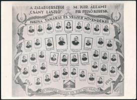 1943 Zalaegerszeg, Csány László Fiú Felsőkereskedelmi Iskola tanárai és végzett növendékei, kistabló nevesített portrékkal, felületén törésnyomokkal, 13x18 cm