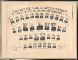 1948 Budapest, X. ker., Kőbánya, Szent László Gimnázium tanárai és végzett növendékei, kistabló nevesített portrékkal, 16x22 cm, karton 10x26 cm