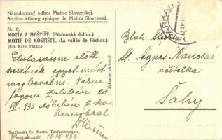Puhó, Púchov; Národopisny odbor Matice Slovenskej. Motív z Mostíst (Púchovská dolina) / A Szlovák Ma...
