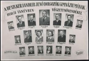 1951 Budapest, XIX. ker. Landler Jenő Dolgozók Gimnáziumának tanárai és végzett növendékei, kistabló nevesített portrékkal, 16x23 cm