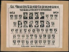 1949 Budapest, Állami Mikszáth Kálmán Leánygimnázium tanárai és végzett növendékei, kistabló nevesített portrékkal, kasírozva, 17x22 cm, karton 20x27 cm
