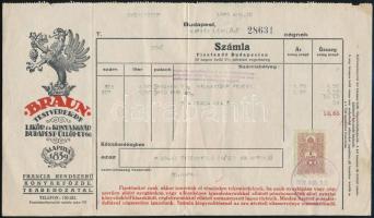 1939 Braun testvérek likőr- és konyakgyár díszes számlája okmánybélyeggel