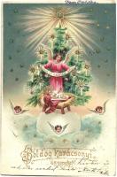 1902 Boldog Karácsonyi Ünnepeket! / Christmas greeting card with angels, baby, Christmas tree. Emb. litho (EK)
