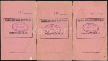 1911 Cibakházai Motor-Malom Rt. 3 db (443-445.) könyvecskéje, 1-1 bejegyzéssel, pecséttel.