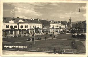 Gyergyószentmiklós, Gheorgheni; Fő tér, országzászló, Magyarország feltámadott szalag / main square with Hungarian and swastika flags. photo