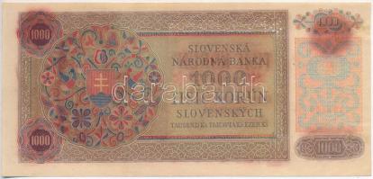 Csehszlovákia 1945. 1000K szlovák bankjegy csehszlovák bélyeggel és "SPECIMEN" perforációv...