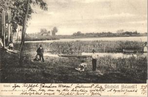 1907 Kiskunhalas, Halas; Sóstó, halászok, csónakok