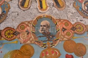 Szivargyűrűkkel díszített üveg berakásos fa tálca, 56×36,5 cm