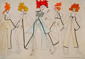 Parádi Gabriella (1970-): Divatrajzok, 3 db. Vegyes technika, papír, jelzett, felcsavarva, 42×60 cm