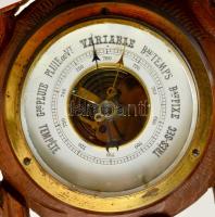 Fali barométer és hőmérő, faragott fa keretben, 46×20 cm