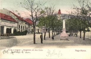 1907 Nagymaros, Fő tér a korzóval, Waldvogel cukrászda, Milleniumi emlékmű. Kiadja Divald Károly 932. sz.