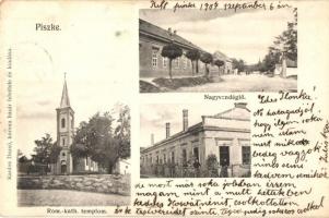 1907 Piszke (Lábatlan), Római katolikus templom, Nagyvendéglő, étterem, Fő utca. Kardos Dezső felvétele és kiadása