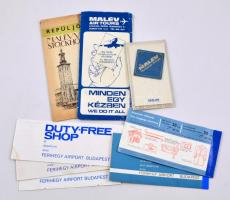 Vegyes Malévos papírrégiség tétel: 5 db Malév-jegy, 1 db repülőjegy tok, prospektus, stb., érdekes anyag