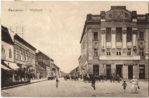 Pancsova, Pancevo; Népbank, gyógyszertár, Juba és Csányi és Stefanie Kalmár üzlete / street view with shops, bank and pharmacy