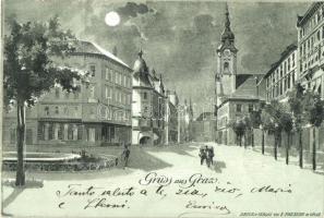 1897 (Vorläufer!) Graz, street view at night. E. Presuhn