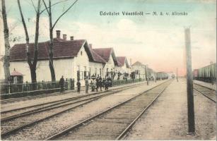 1913 Vésztő, MÁV (Magyar Államvasutak) vasútállomás, gőzmozdony a távolban. Kiadják a Putics Testvérek