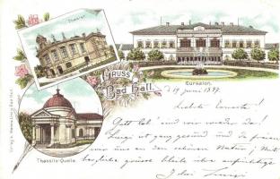 1897 (Vorläufer!) Bad Hall, Theater, Cursalon, Thassilo-Quelle / theatre, spa, spring. E. Mareis. Floral, litho