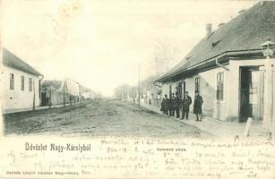 1902 Nagykároly, Carei; Kalmand utca, üzlet, kocsma. Kiadja Csókás László / street view, shop, inn