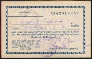 1932 a Nmezeti Sportuszoda fényképes igazolványa