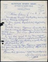 1962 Künsztler József (1897-1977) labdarúgó, edző kézzel írt, aláírt levele, Kunstler Sports Shops fejléces papíron