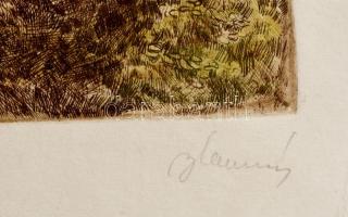 Blahos Rudolf (1917-1986): Horgászok. Színezett rézkarc, papír, jelzett, 27×37 cm