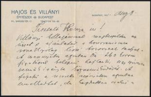 1911 Hajós Alfréd (1878-1955) olimpiai bajnok, építészmérnök kézzel írt levele üzleti ügyben, Hajós és Villányi fejléces papíron, borítékkal