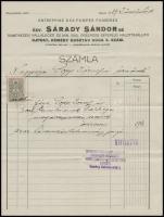 1937 özv. Sárady Sándorné temetkezési vállalkozó fejléces számlája okmánybélyeggel
