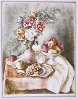 Kiss Terézia (1928- ): Rózsás csendélet. Színezett rézkarc, papír, jelzett, paszpartuban, 38×30 cm
