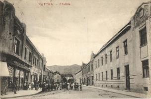 1911 Ruttka, Vrútky; Fő utca, Fisch Testvérek üzlete, háttérben a vasútállomás épülete / main street, shops, railway station