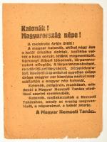 1918 Katonák! Magyarország népe! A cselekvés órája ütött! Magyar Nemzeti Tanács 1918-as röplapja, az alján szakadásokkal, 19x14 cm