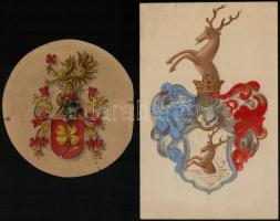 cca 1900 2 db családi címerrajz: fehértói Király család, azonosítatlan, vegyes technika, papír, különböző méretben