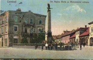 Chernivtsi, Cernauti, Czernowitz; Str. Regina Maria cu Monumentul ostasesc / street view with monument, shop of Josef Hildebrand