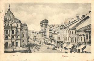 1906 Kassa, Kosice; Fő utca, Binder Ernő üzlete, szőnyeg és függöny raktár, Nemzeti színház / main street, shops, theater (fl)