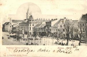 1907 Kassa, Kosice; Fő utca, Andrássy kávéház, üzletek, piac, kesztyűgyár / main street, café, shops, market vendors (fl)