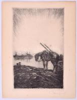 Haranghy Jenő (1894-1951) Fáradt ló és a teherhajó. Rézkarc, papír, jelzett, 26×16 cm