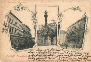 1899 Szatmárnémeti, Szatmár, Satu Mare; Kir. katolikus gimnázium, Kölcsey szobor, Református gimnázium. Kiadja Lövy M. / Catholic high school, statue, Calvinist high school. Art Nouveau, floral (EK)