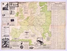 1929 Európa Rádióadó-állomásainak hullámhossz-, kilowatt- és távolsági térképe, összeáll.: Szepessy Árpád, 68×50 cm