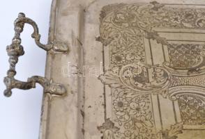 Régi fém gravírozott füles tálca, 57×37 cm