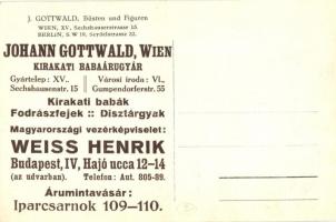 Johann Gottwald bécsi kirakati babaárugyár reklámlapja. Magyarországi vezérképviselet: Weiss Henrik....